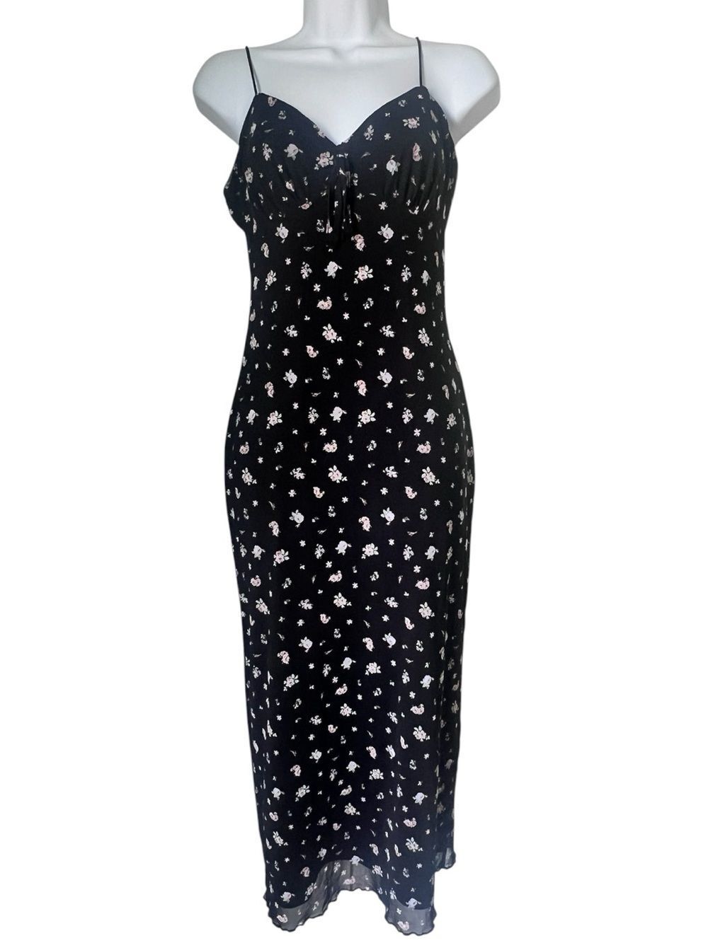 No Comments 90s Ditsy Floral Black Pink Cami Y2K Romantic Midi Slip Chic Dress L